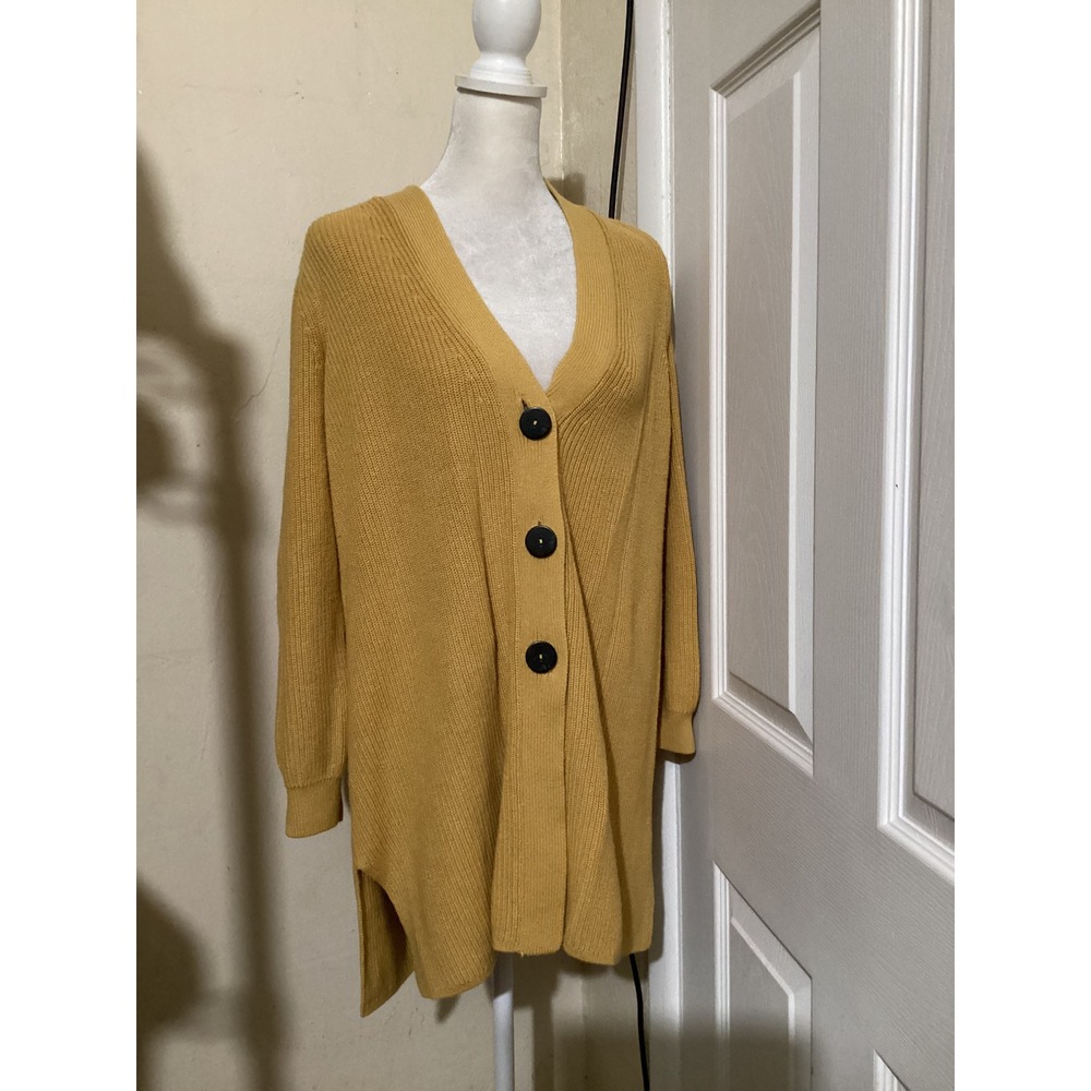 J. Jill Mustard Yellow Ribbed Longline Cardigan Sweater Cotton Blend Large